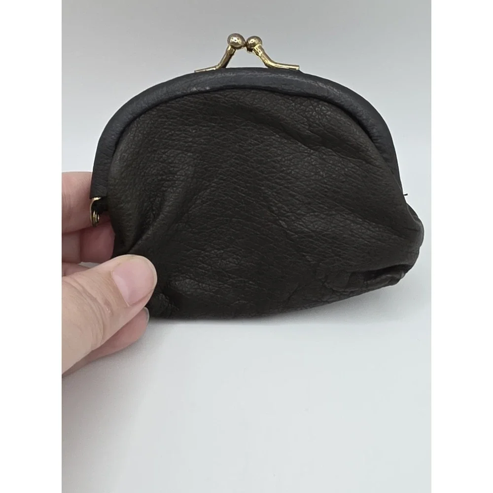 True Vintage Genuine Leather Small Black Coin Purse Brass Kiss Lock